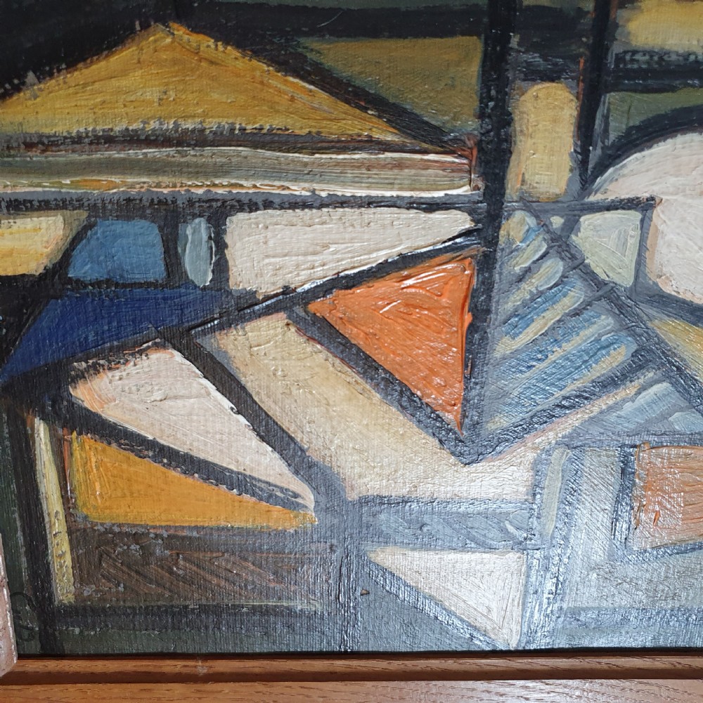 French Abstract Cubist Oil on Board, Artist Initialed c.1950s-60s  View VI