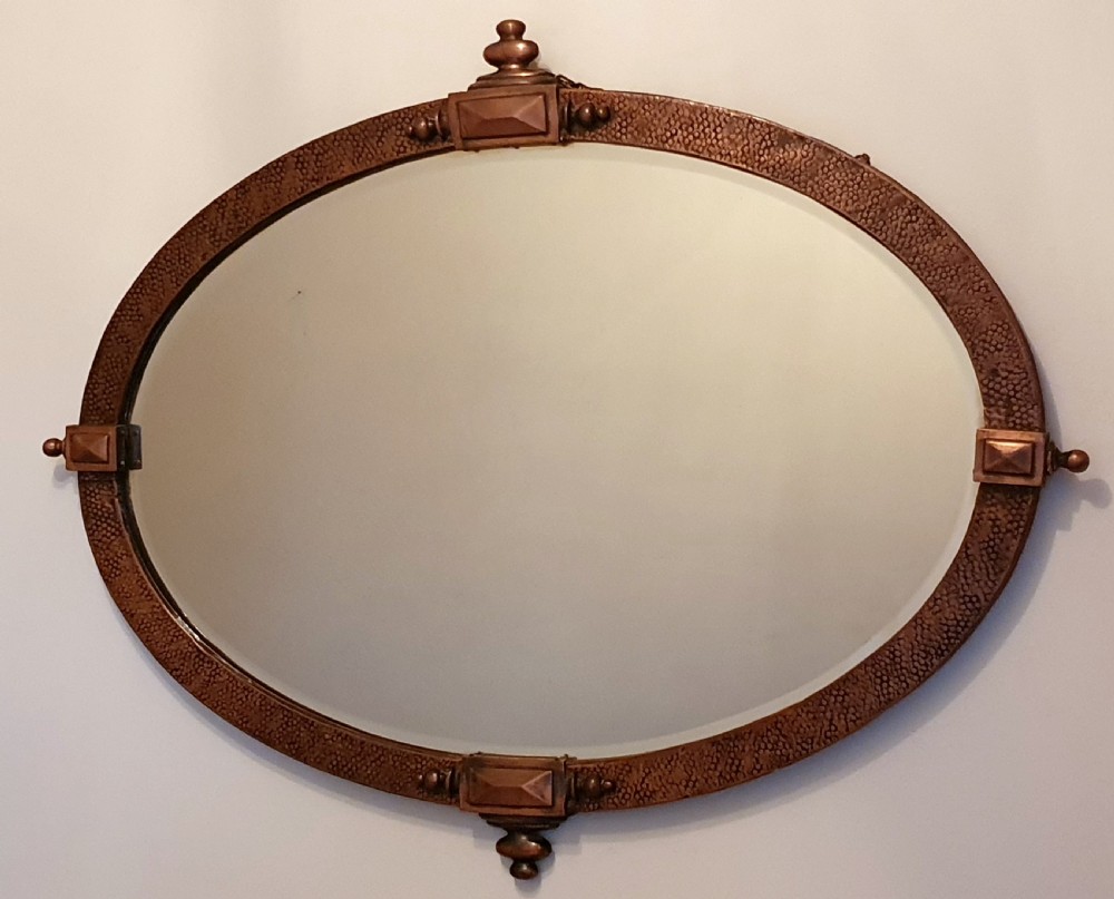 Arts & Crafts Hammered Copper Overmantle Mirror with Rare Detailing & Original Hanging Chain c.1910