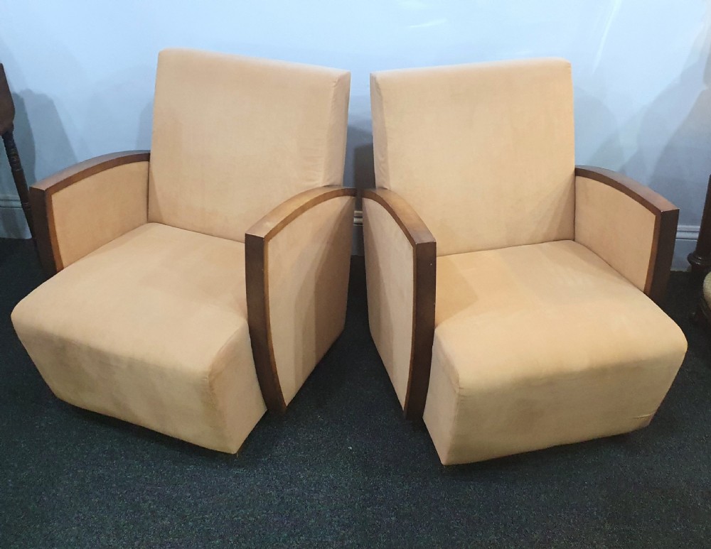 Pair French Suede Art Deco Chairs & Walnut Ski Slope Arms c.1930s View IX