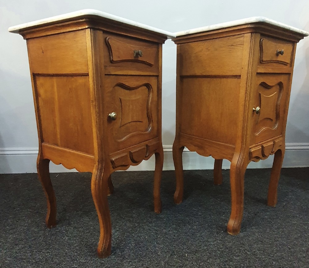 Early 1900s Pair French Marble Top Oak Bedside Cabinets  View XIV