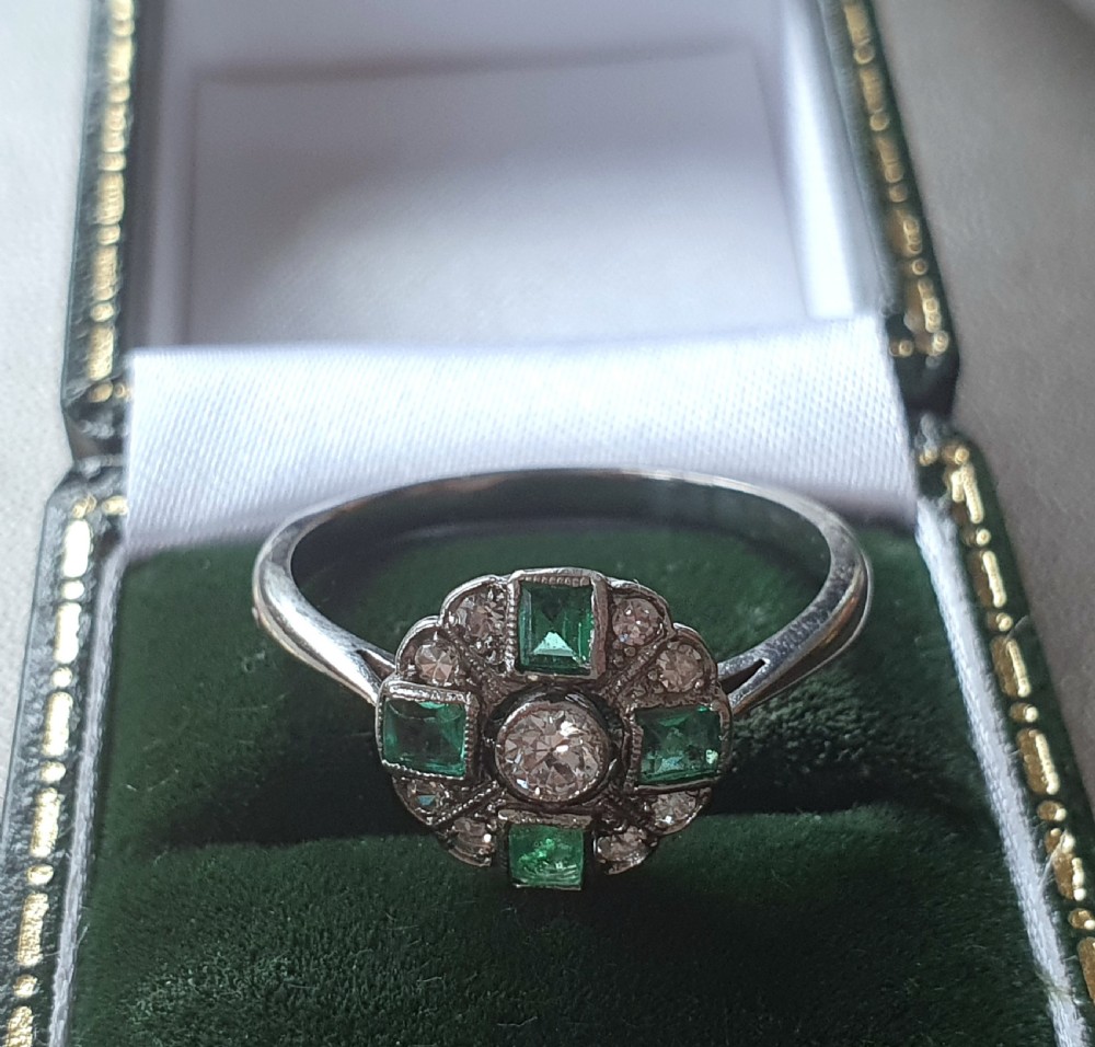 1920s-30s Solid Platinum Diamond & Emerald Art Deco Ring - Size P½ View VIII