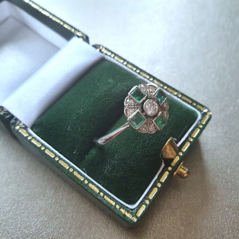 1920s-30s Solid Platinum Diamond & Emerald Art Deco Ring - Size P½ View XIII