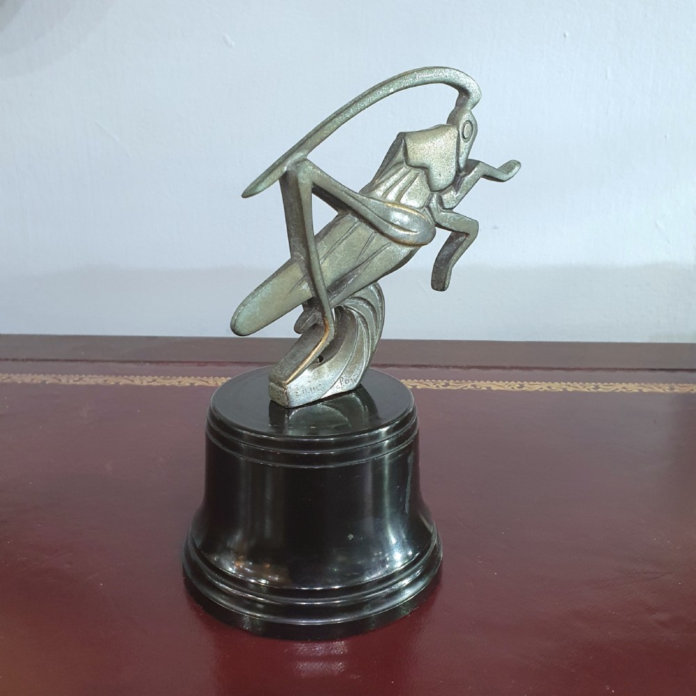 French Art Deco Etling Signed Bronze Grasshopper Car Mascot on Bakelite Plinth c.1920s Paris View III