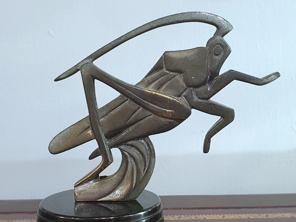 French Art Deco Etling Signed Bronze Grasshopper Car Mascot on Bakelite Plinth c.1920s Paris View IV