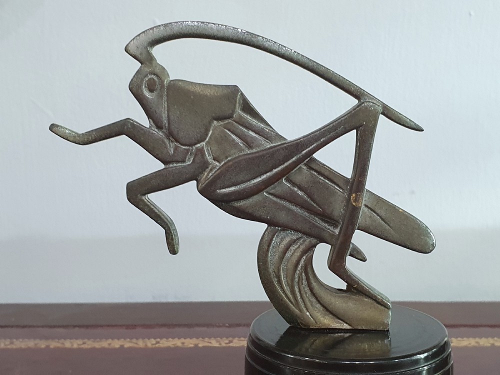 French Art Deco Etling Signed Bronze Grasshopper Car Mascot on Bakelite Plinth c.1920s Paris View VIII
