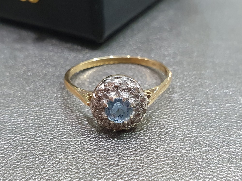 Edwardian Art Deco Aquamarine & Diamond Halo 18ct Gold Ring - Size R View II