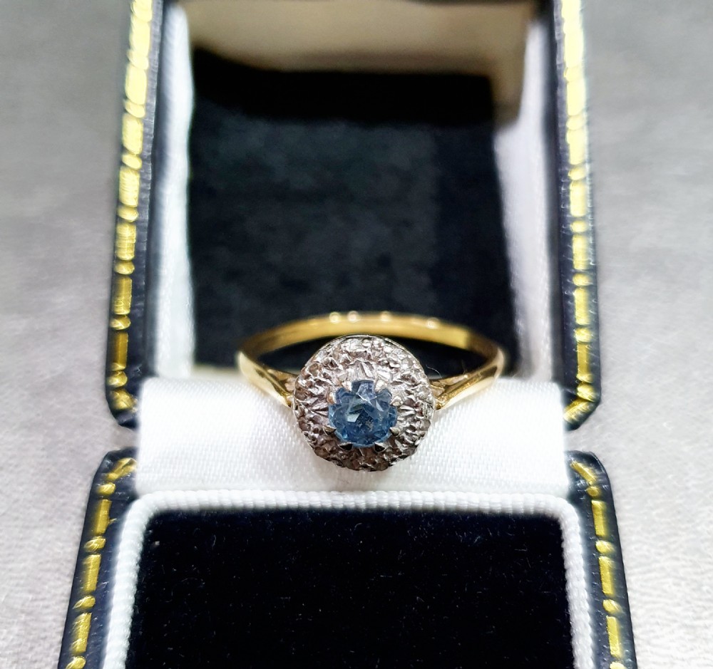 Edwardian Art Deco Aquamarine & Diamond Halo 18ct Gold Ring - Size R View V