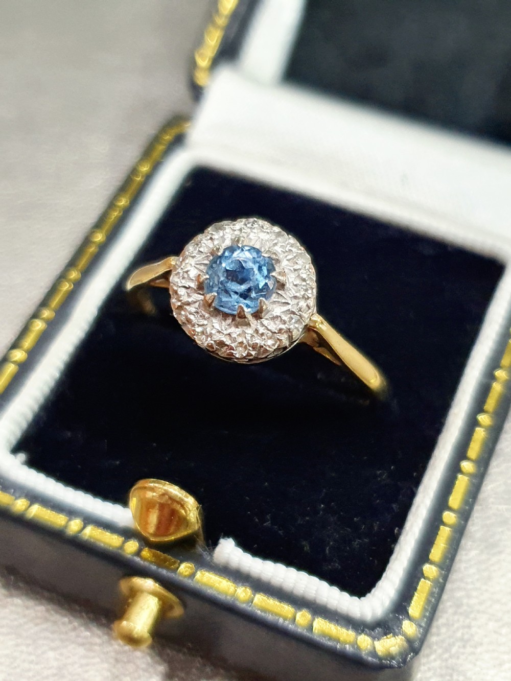 Edwardian Art Deco Aquamarine & Diamond Halo 18ct Gold Ring - Size R View IX
