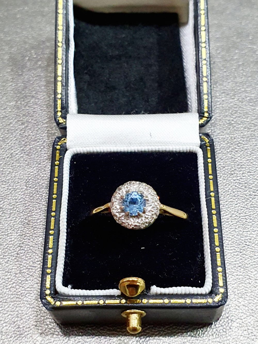 Edwardian Art Deco Aquamarine & Diamond Halo 18ct Gold Ring - Size R View X