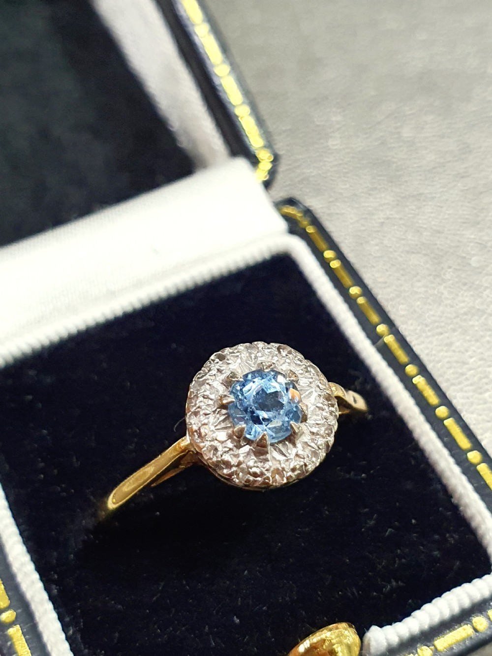 Edwardian Art Deco Aquamarine & Diamond Halo 18ct Gold Ring - Size R View XI