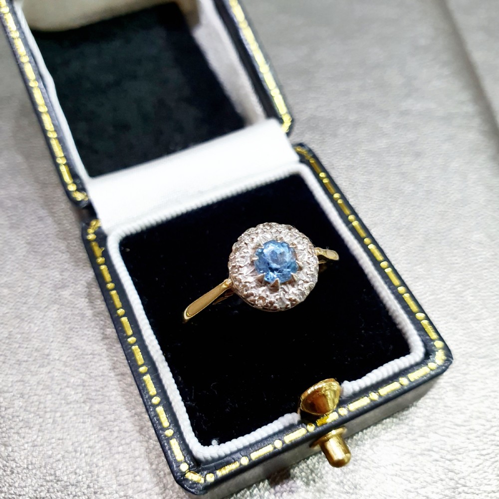 Edwardian Art Deco Aquamarine & Diamond Halo 18ct Gold Ring - Size R View XIII