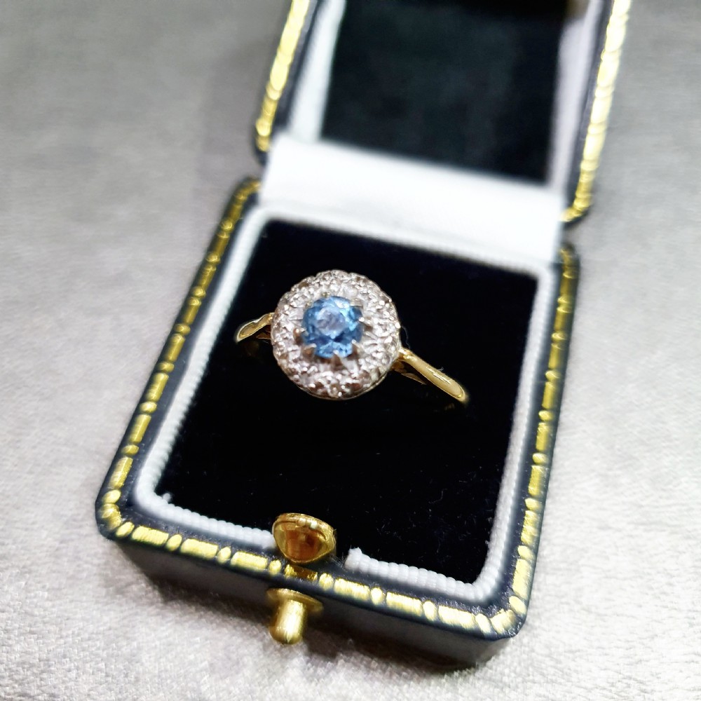 Edwardian Art Deco Aquamarine & Diamond Halo 18ct Gold Ring - Size R View XVI