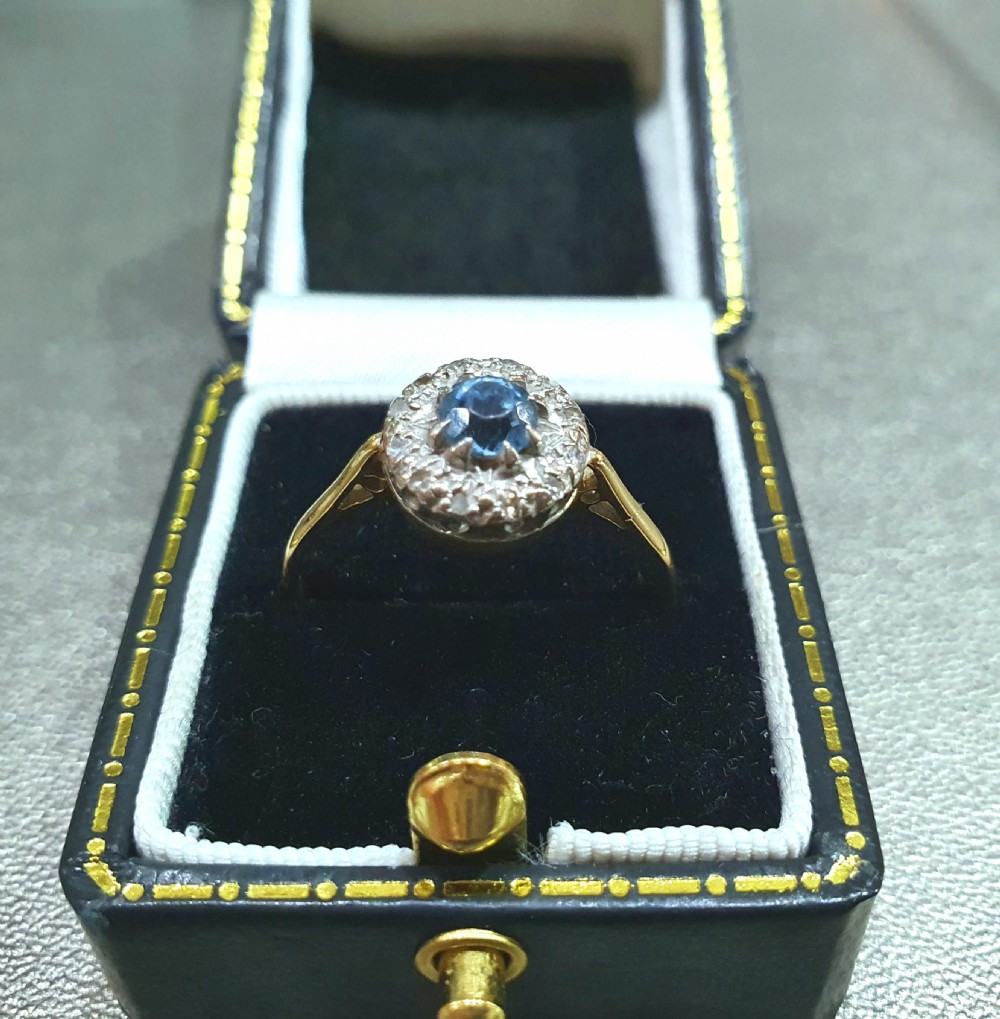 Edwardian Art Deco Aquamarine & Diamond Halo 18ct Gold Ring - Size R View XVII