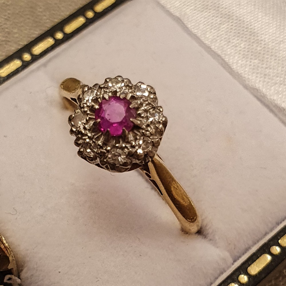 Art Deco Platinum Set Ruby & Diamond 18ct Gold Ring- Size N½ View XV