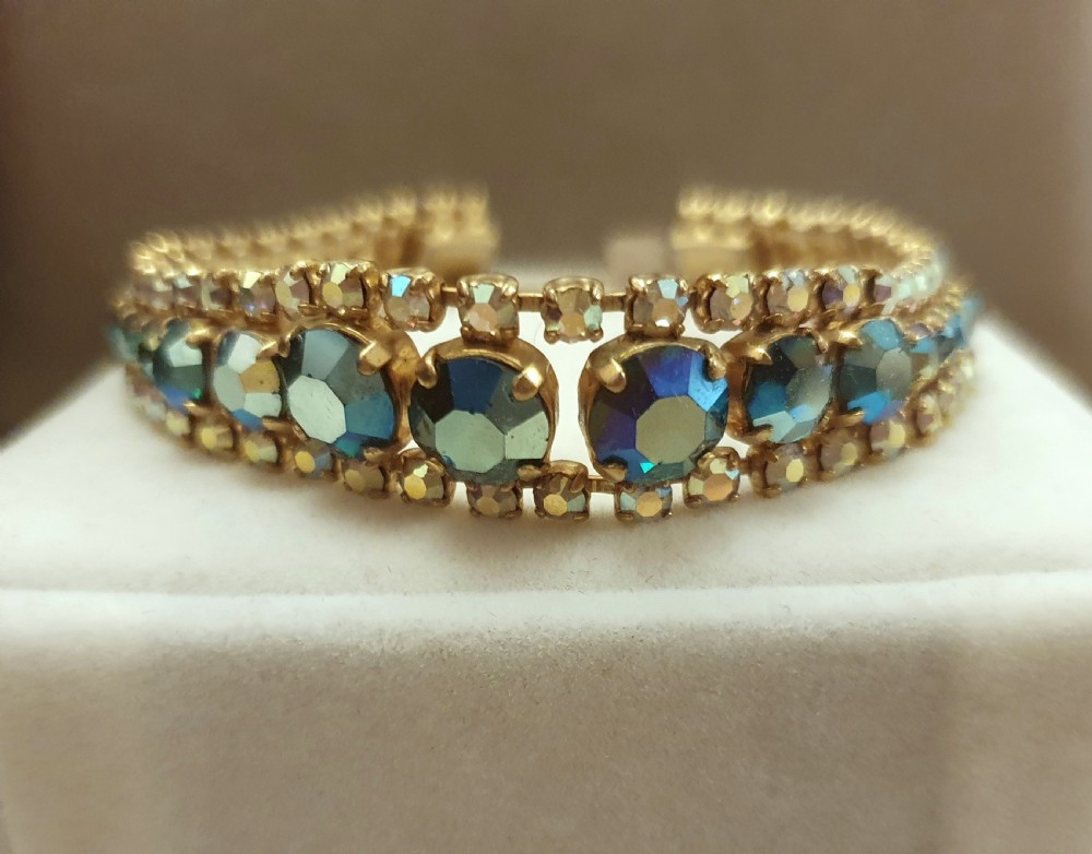 1950s Aurora Borealis & Teal Crystal Bracelet with Safety Chain