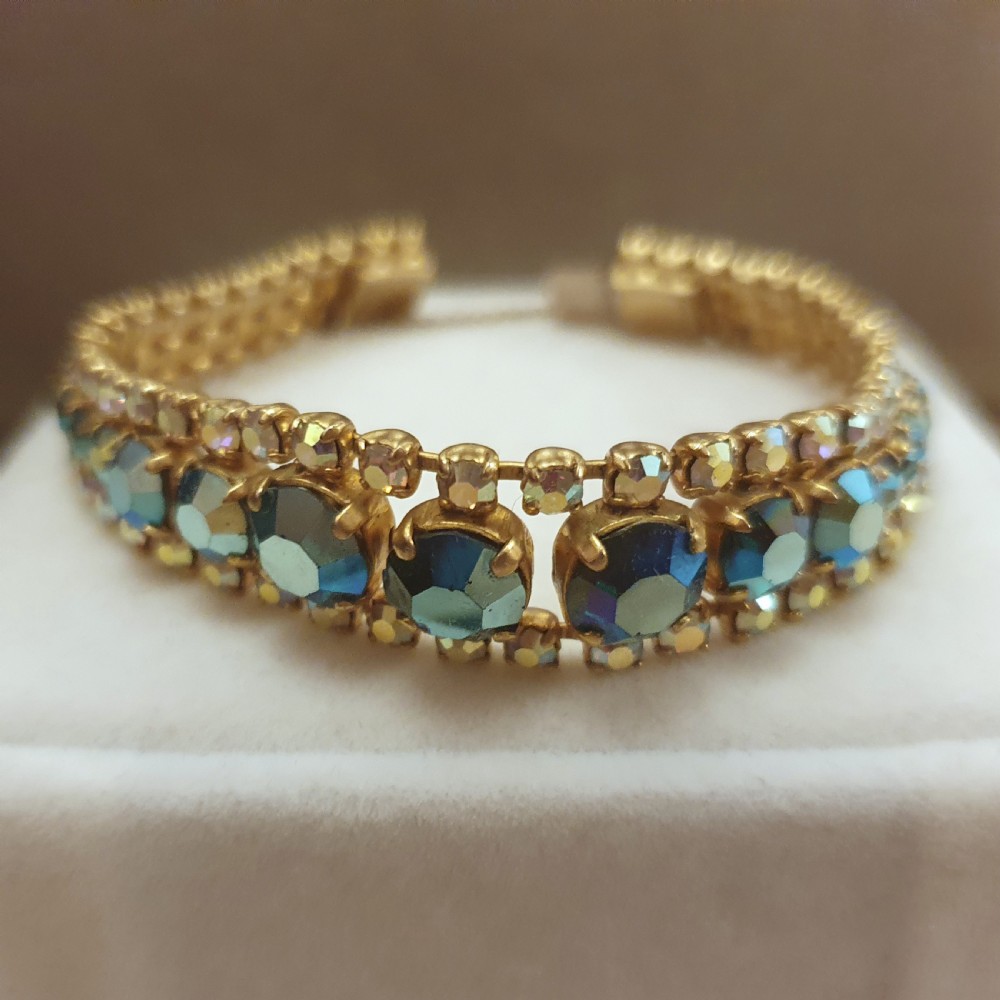 1950s Aurora Borealis & Teal Crystal Bracelet with Safety Chain View IV