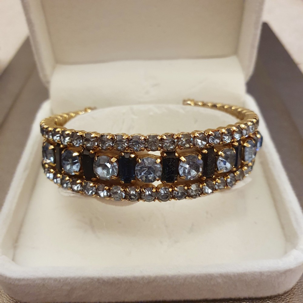 1950s Aqua & Sapphire Blue Rhinestone Crystal Goldtone Cuff Bracelet View II