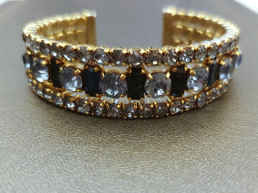 1950s Aqua & Sapphire Blue Rhinestone Crystal Goldtone Cuff Bracelet View III