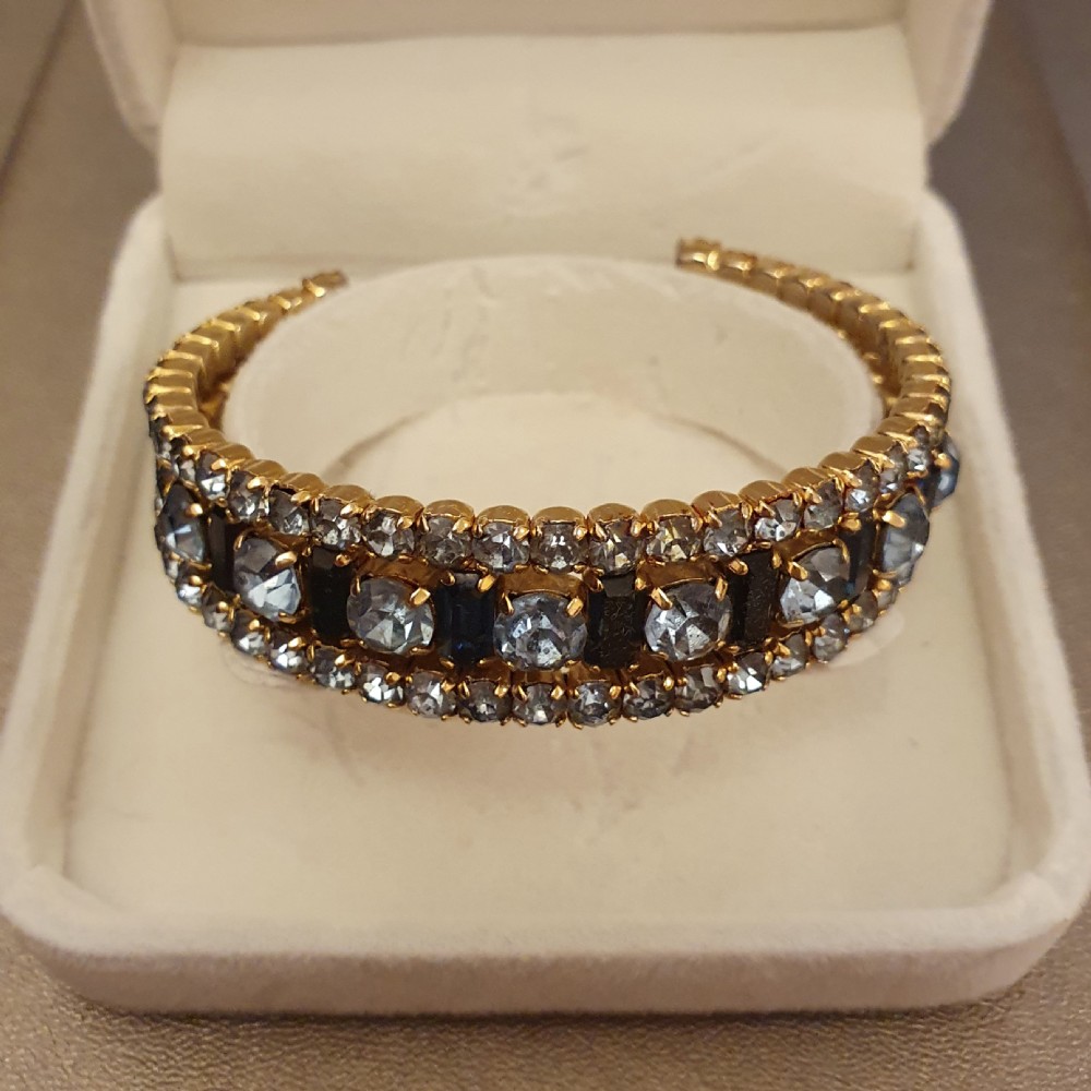 1950s Aqua & Sapphire Blue Rhinestone Crystal Goldtone Cuff Bracelet View IV