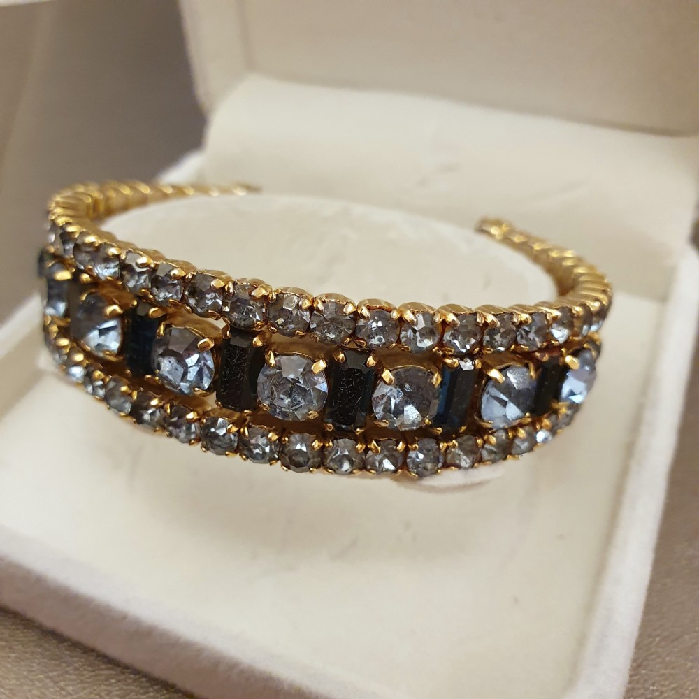 1950s Aqua & Sapphire Blue Rhinestone Crystal Goldtone Cuff Bracelet View V