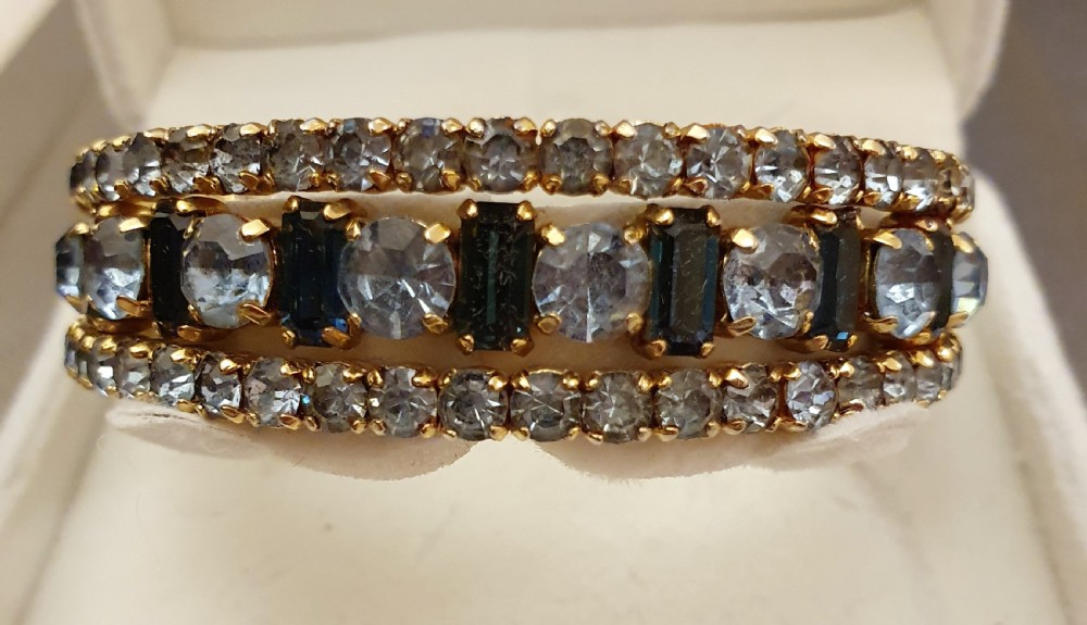 1950s Aqua & Sapphire Blue Rhinestone Crystal Goldtone Cuff Bracelet View VIII