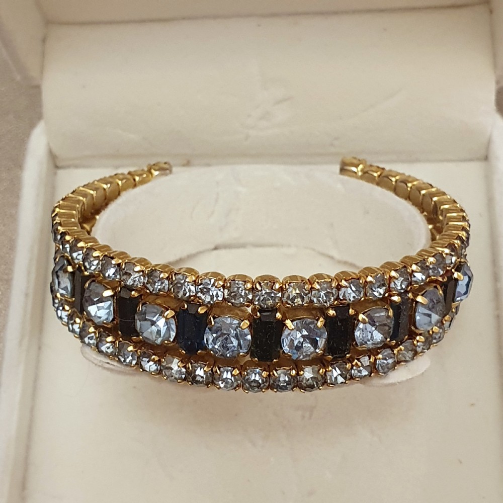 1950s Aqua & Sapphire Blue Rhinestone Crystal Goldtone Cuff Bracelet View X