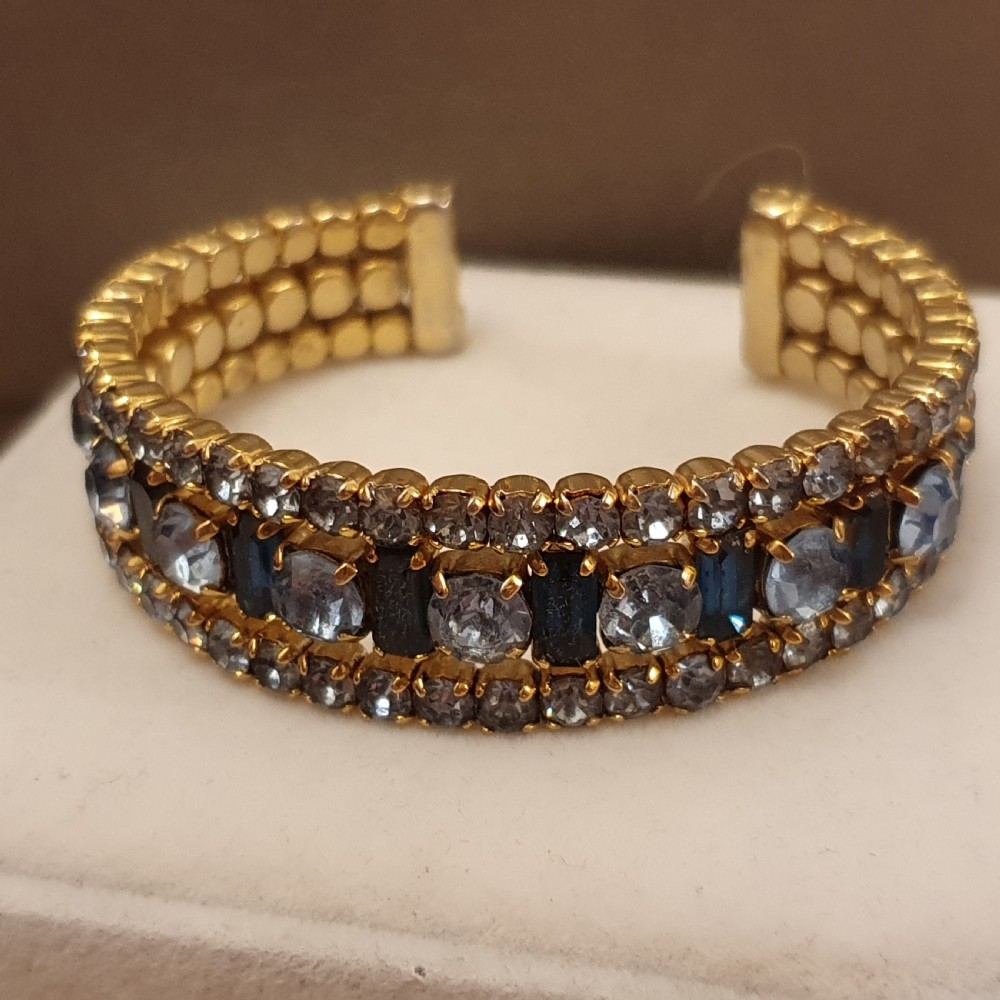 1950s Aqua & Sapphire Blue Rhinestone Crystal Goldtone Cuff Bracelet View XII