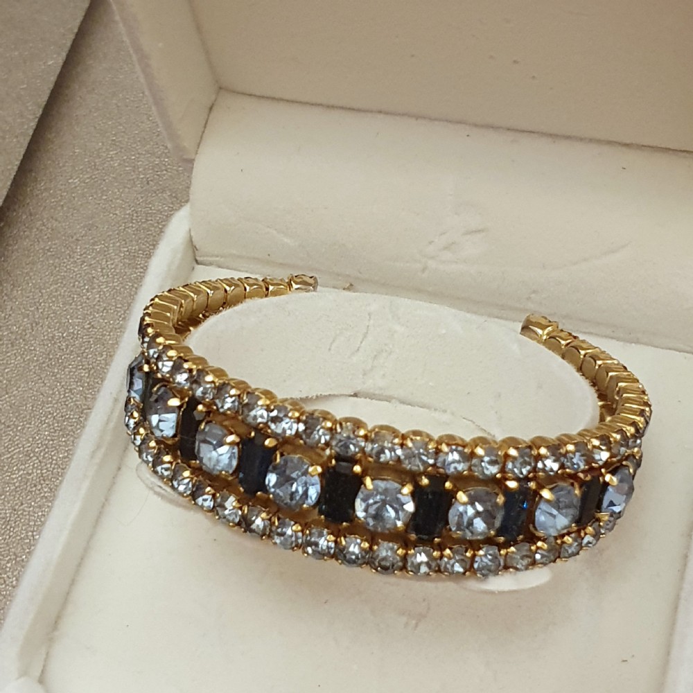 1950s Aqua & Sapphire Blue Rhinestone Crystal Goldtone Cuff Bracelet View XV