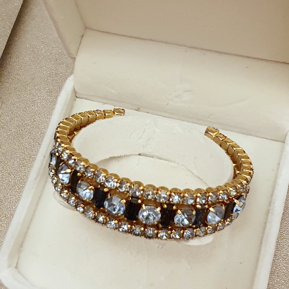 1950s Aqua & Sapphire Blue Rhinestone Crystal Goldtone Cuff Bracelet View XVI