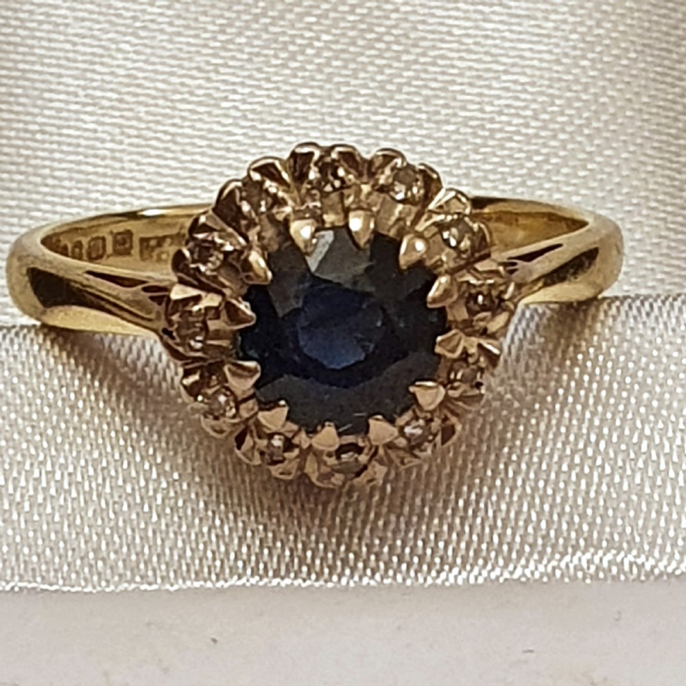 Sapphire & Diamond Halo 18ct Gold Ring - Size M 