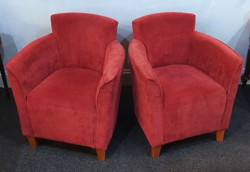 Pair 1930s Art Deco Reupholstered Lounge Tub Chairs View V