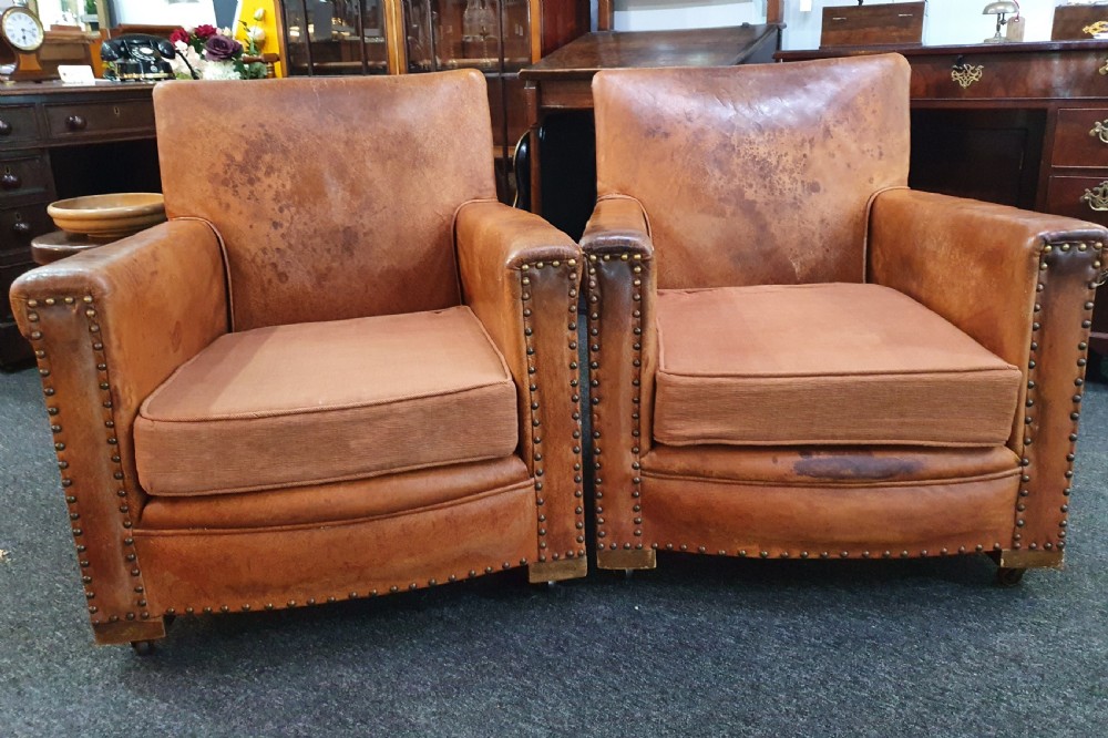 Pair of Small French Leather Club Chairs c1930