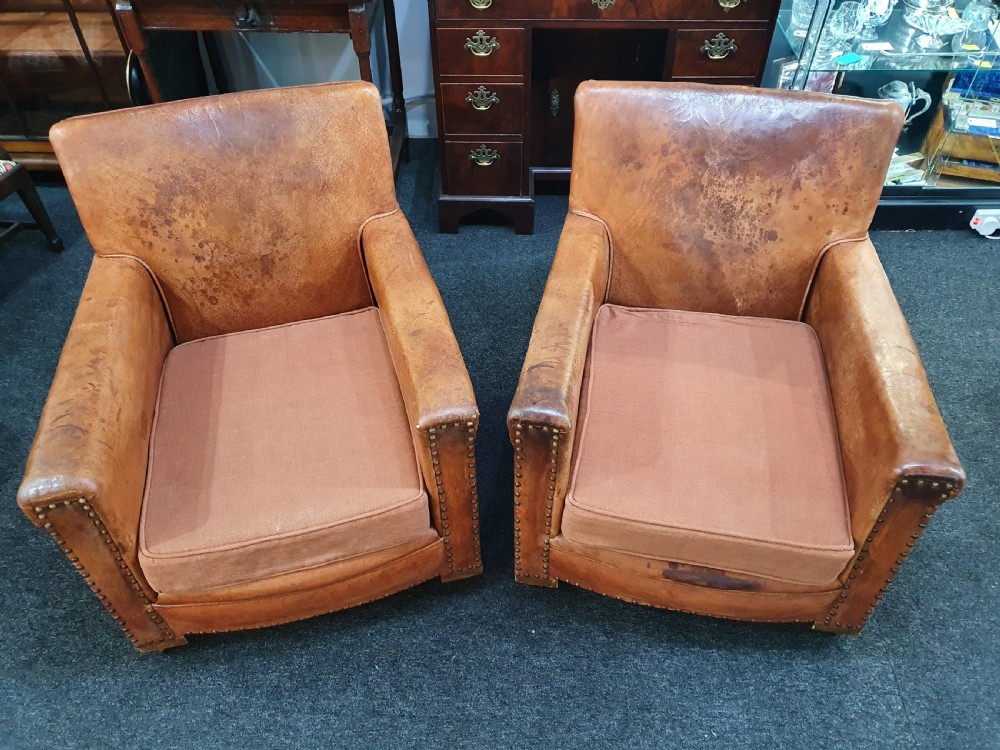 Pair of Small French Leather Club Chairs c1930 View X