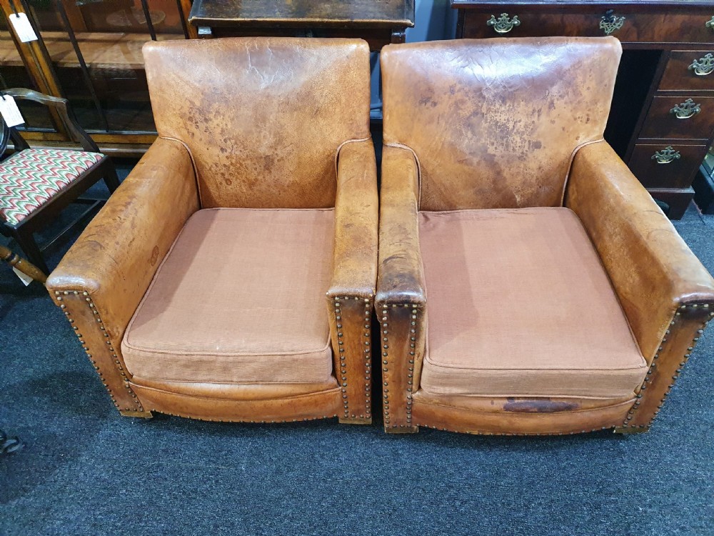 Pair of Small French Leather Club Chairs c1930 View XI