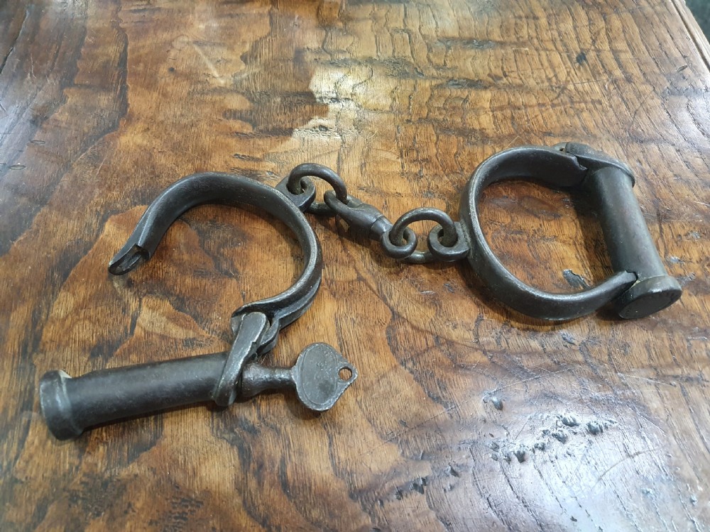 Mid-Victorian Iron Handcuffs Dated '1862' & Original Key View VII