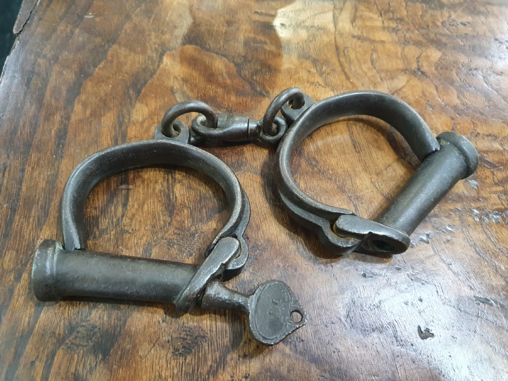 Mid-Victorian Iron Handcuffs Dated '1862' & Original Key View II