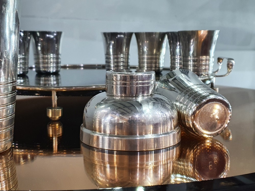 French Art Deco Cocktail Set of Tray, Shaker & 8 Beakers in Silver Plate c.1930 View IV