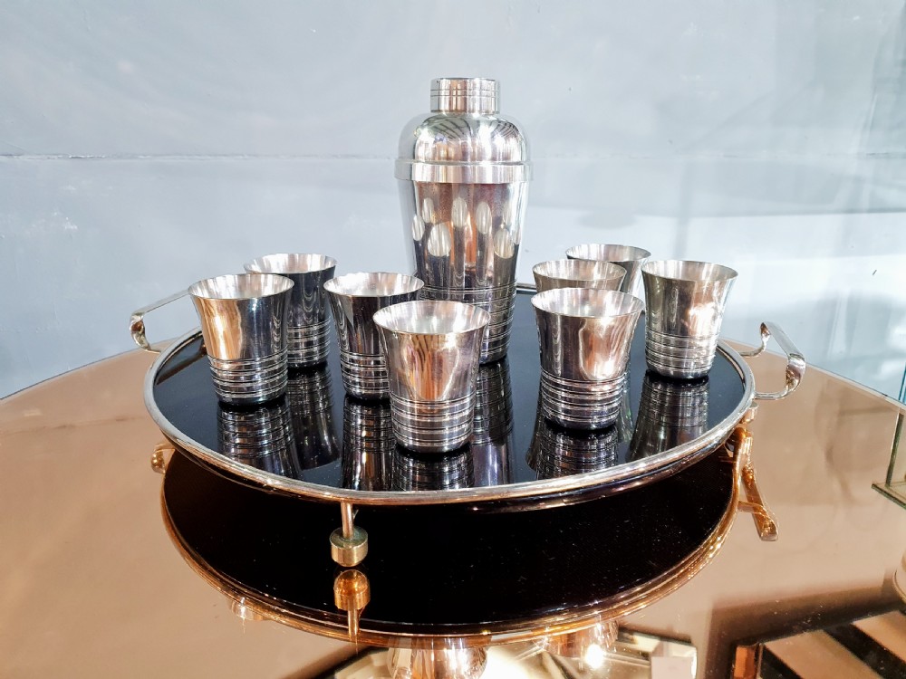 French Art Deco Cocktail Set of Tray, Shaker & 8 Beakers in Silver Plate c.1930 View IX