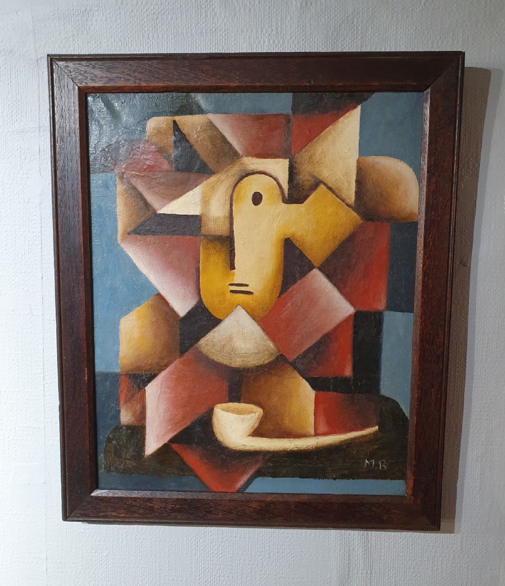 French Oil on Canvas, Cubist Painting of a Man With Pipe