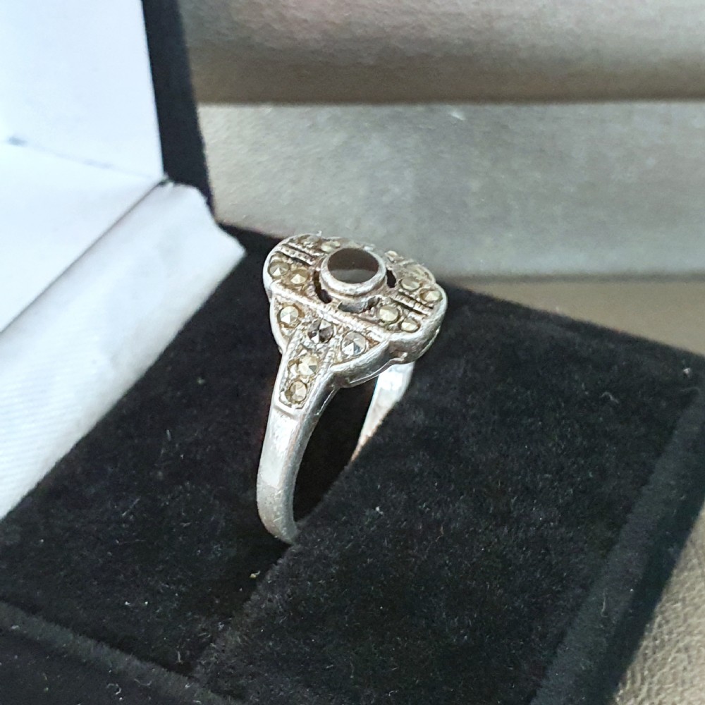 1930s Art Deco Marcasite & Onyx Odeon Silver Ring - Size O½ View VI