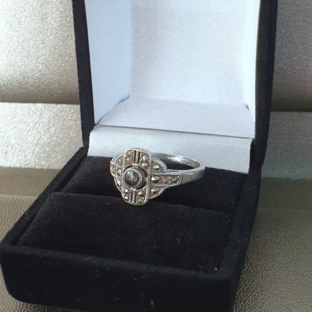 1930s Art Deco Marcasite & Onyx Odeon Silver Ring - Size O½ View X