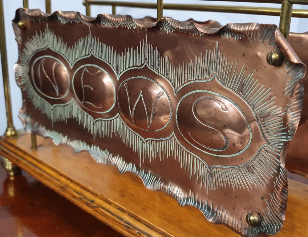 Arts and Crafts Copper, Brass and Oak Newspaper Rack c.1910 View II