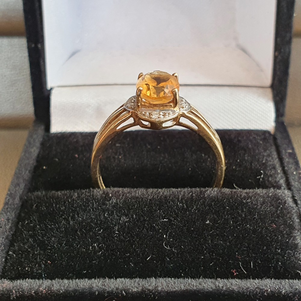 Vintage Citrine & Diamond Edged 9ct Gold Ring - Size N½-O View VIII