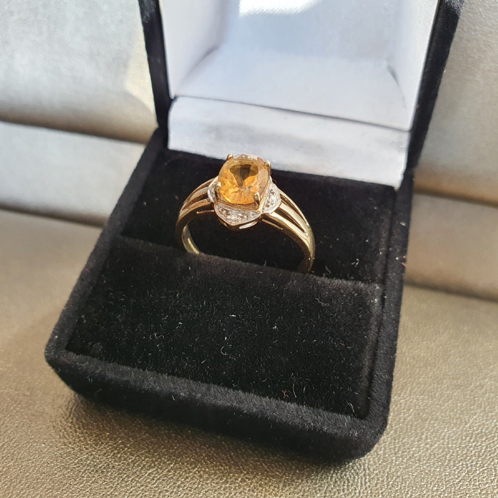 Vintage Citrine & Diamond Edged 9ct Gold Ring - Size N½-O View XI