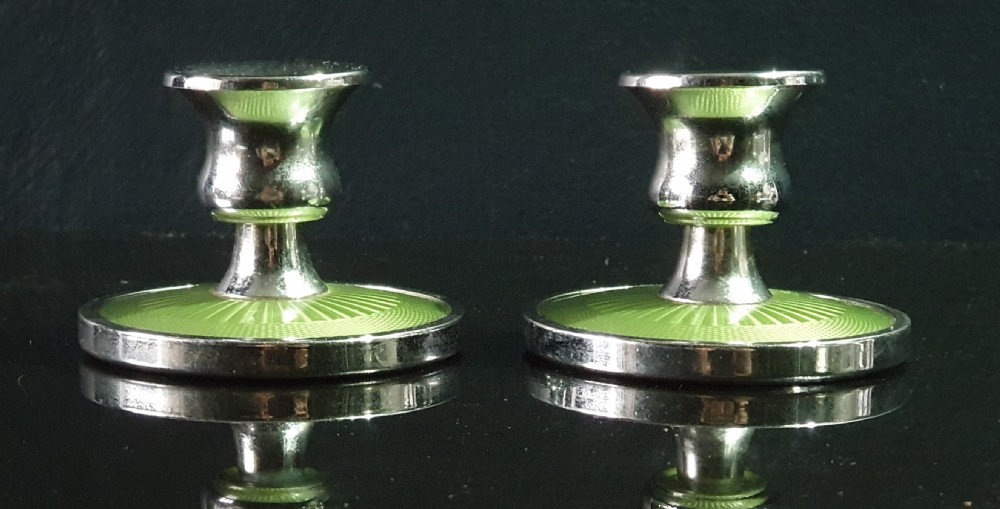 Pair of Art Deco Guilloché Chrome Plated Candlesticks c.1930