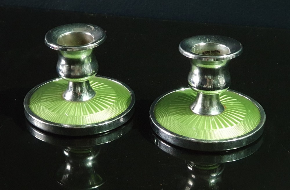 Pair of Art Deco Guilloché Chrome Plated Candlesticks c.1930 View II