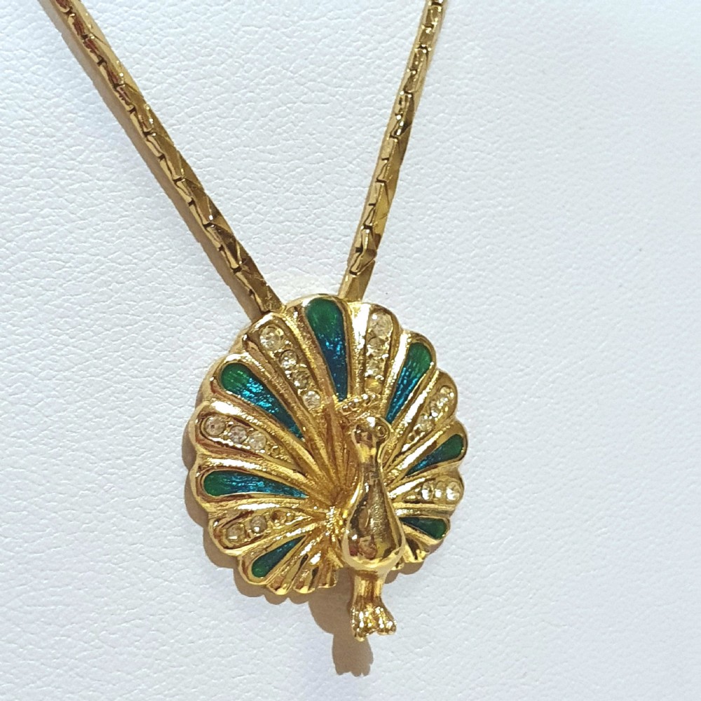 Christian Dior Vintage Enamel, & Crystal Peacock Pendant Gold Plated Necklace  View IV