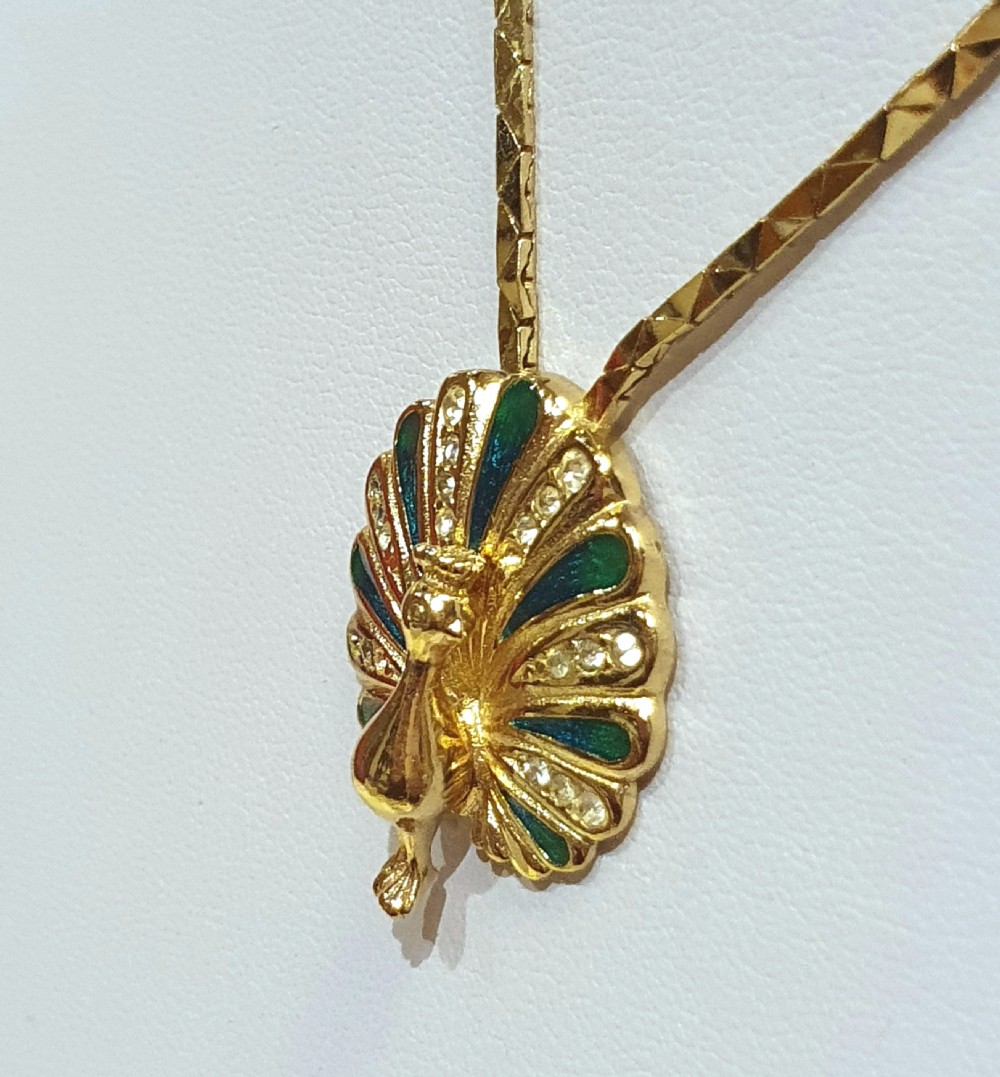Christian Dior Vintage Enamel, & Crystal Peacock Pendant Gold Plated Necklace  View VI