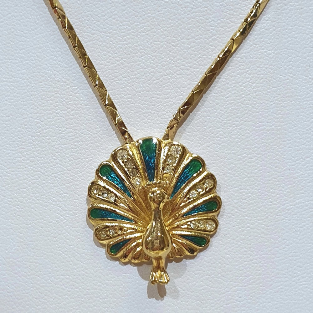 Christian Dior Vintage Enamel, & Crystal Peacock Pendant Gold Plated Necklace  View VIII