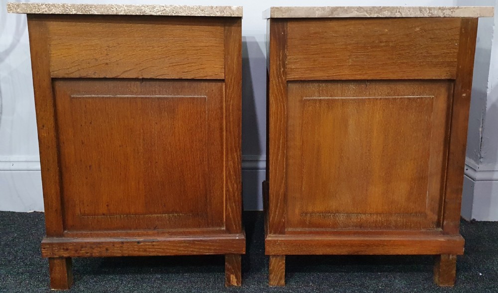 Pair of Oak French Marble Topped Bedside Cabinets Early 1900s View II